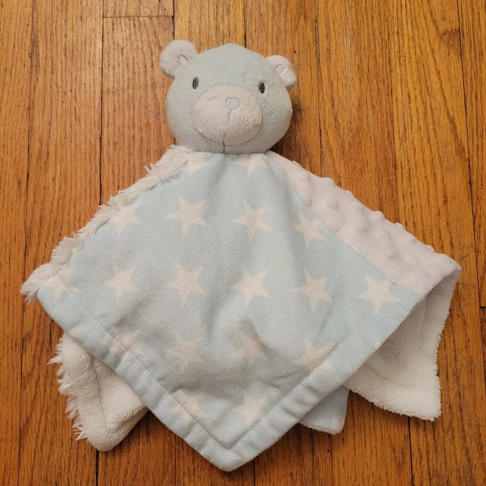 Baby Essentials Lovey Security Blanket Blue Bear Stars Minky Faux Fur Patchwork